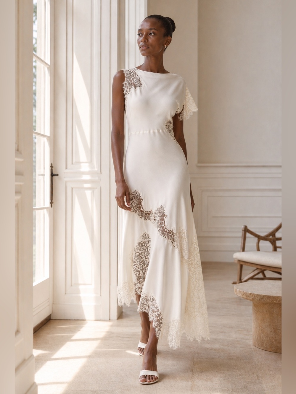 NWT A.L.C. the Alessia Lace Satin Midi Dress in white Sz 4